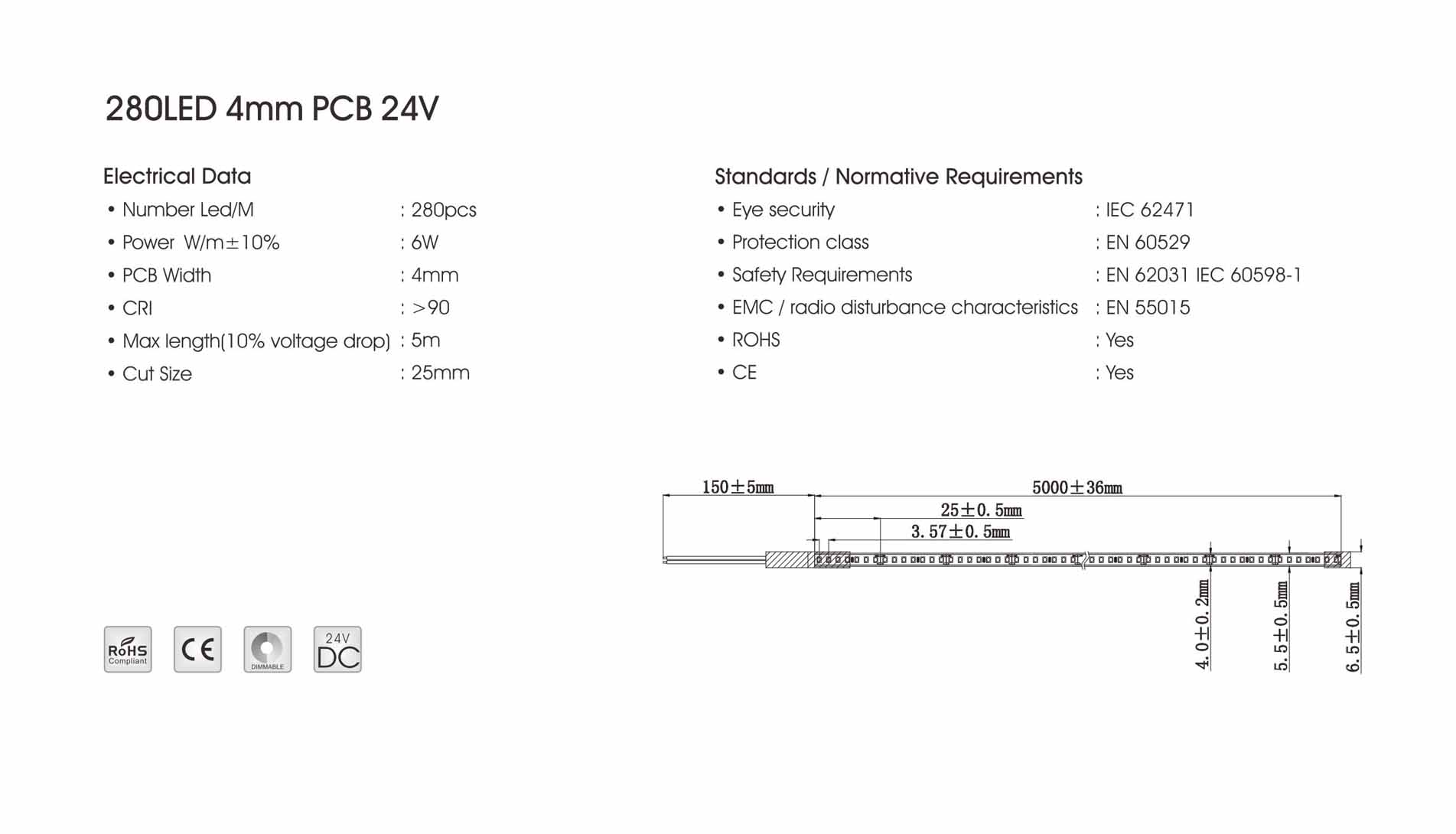 280led/m 24v 6w led strip