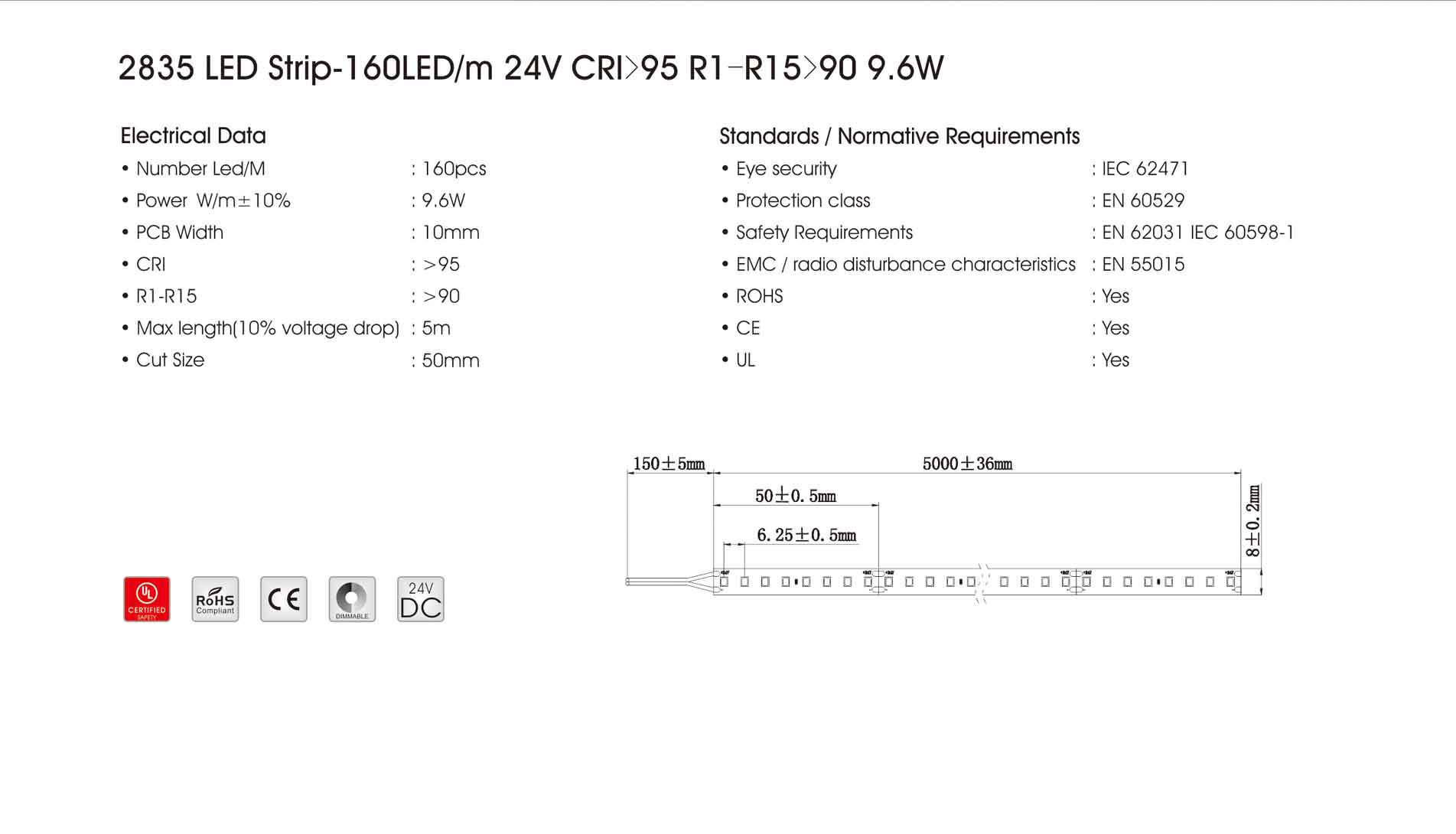 2835 160led/m 24v cri>95 r1-r15>90 9.6w led strip