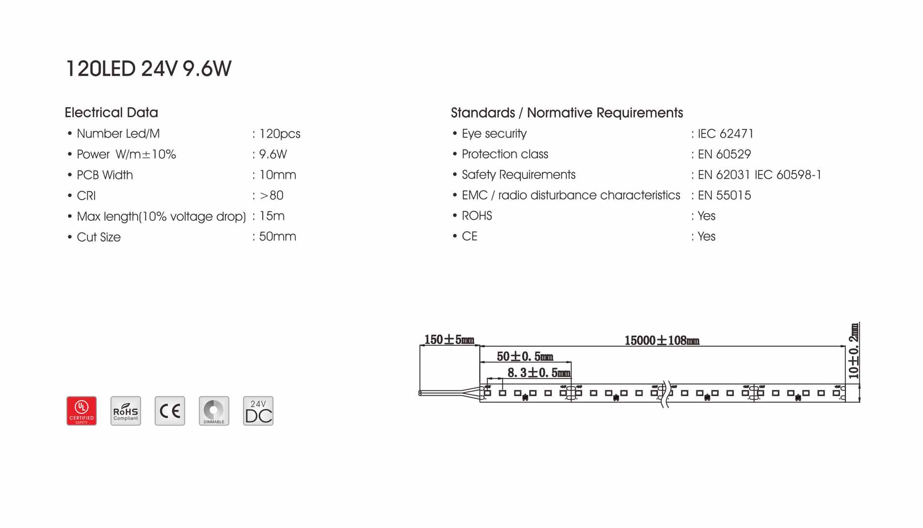 3040 120led/m 24v 9.6w led strip