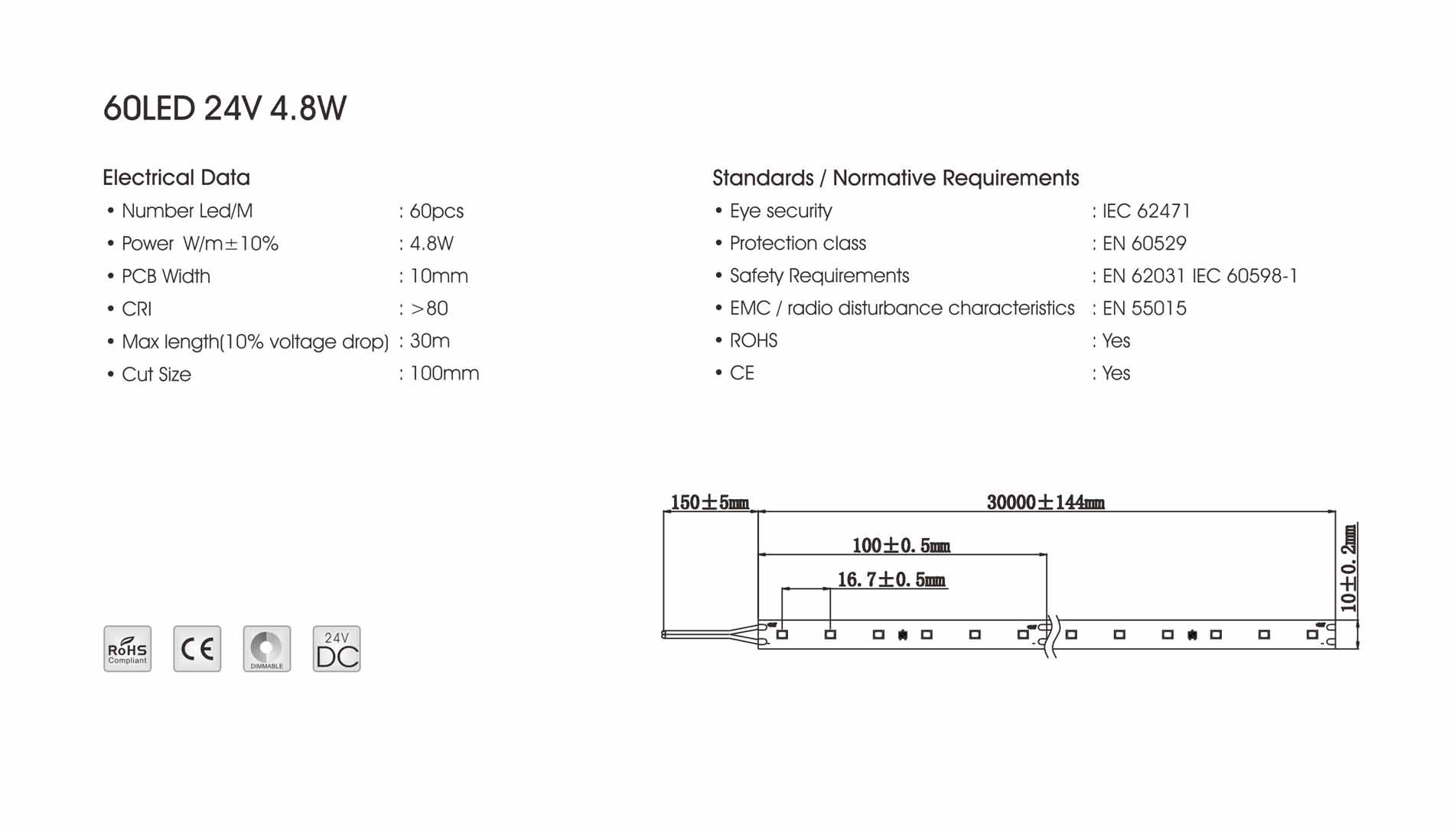 3040 60led/m 24v 4.8w led strip