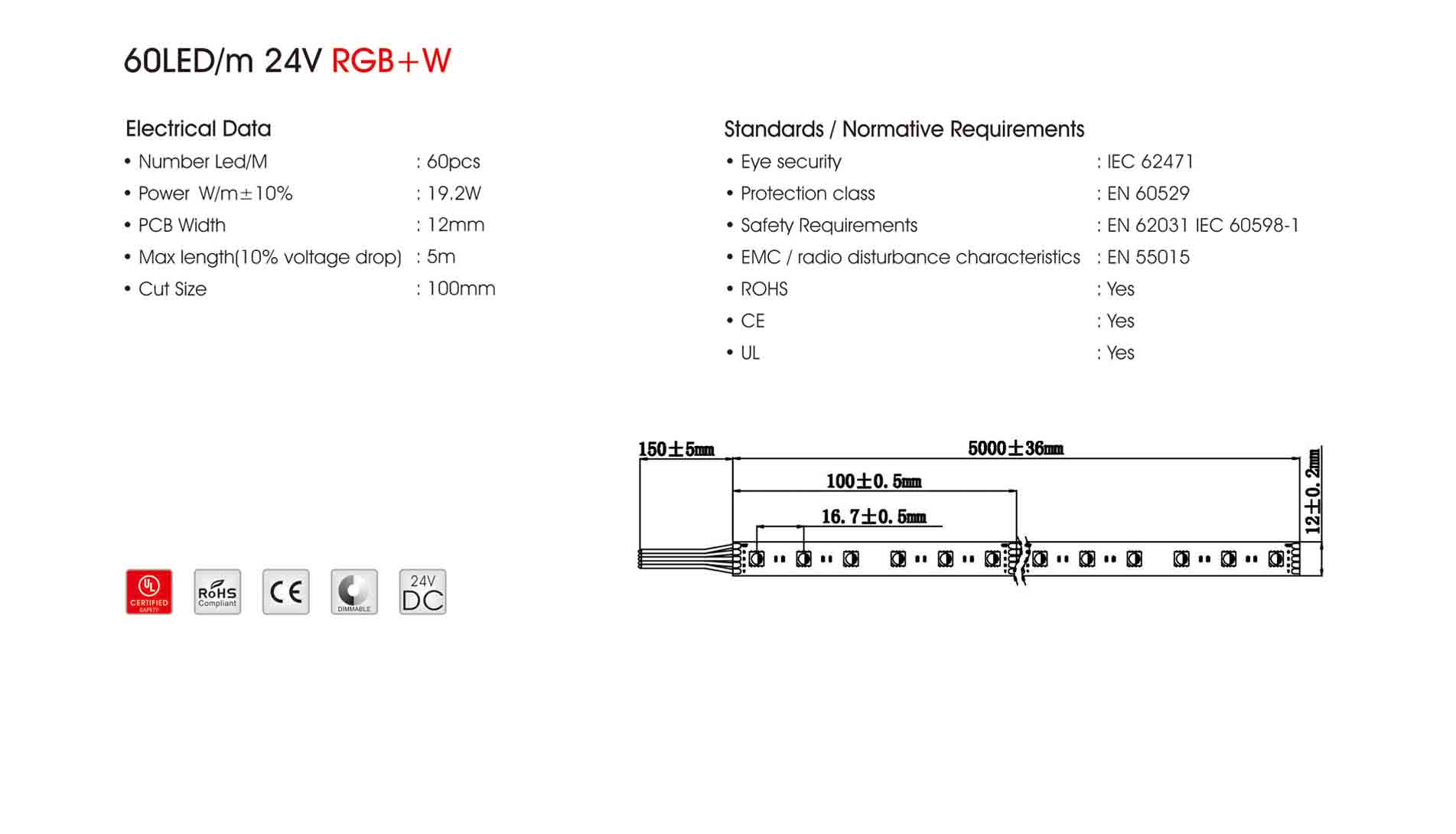 5050 60led/m 24v rgb+w led strip