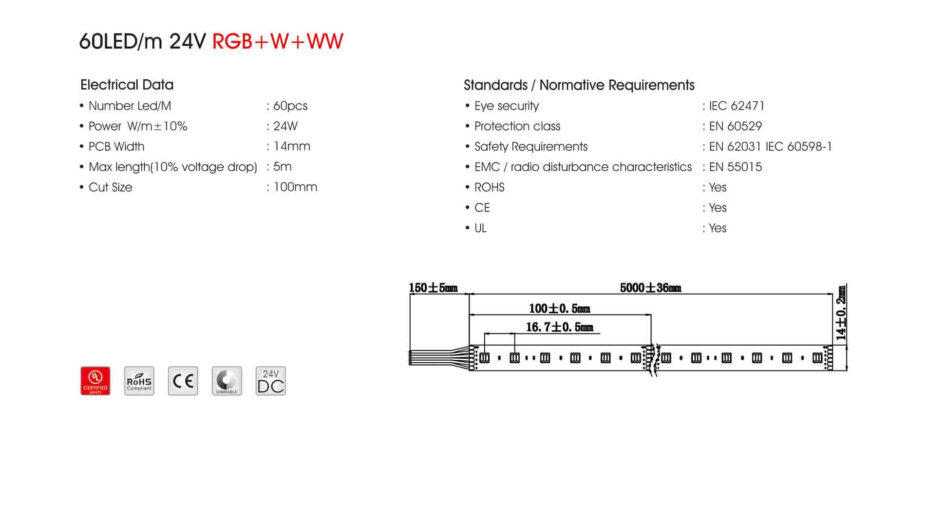 5050 60led/m 24v rgb+w+ww led strip